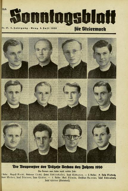 1950 Priesterweihe. Am 2. Juli werden viele  Neupriester geweiht, darunter (in der 2. Reihe  2. von links) der spätere Bischof Johann Weber.