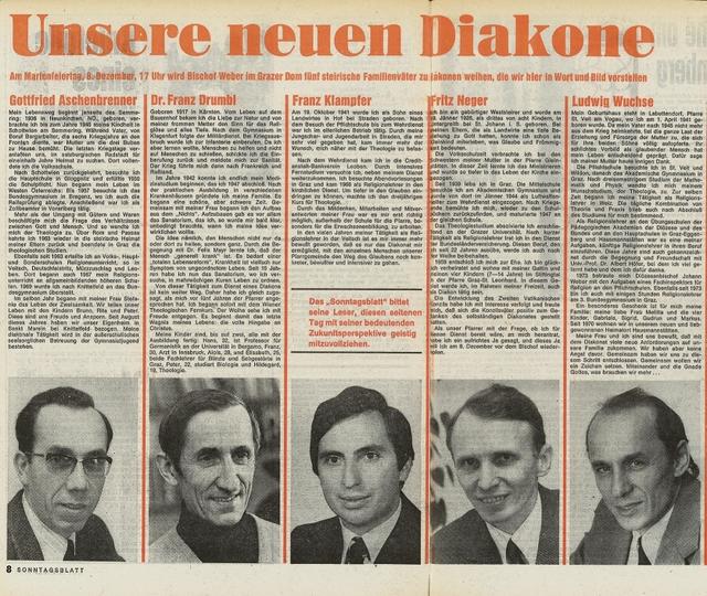 1975: Zum Diakon geweiht werden am 8. Dezember erstmals in der Geschichte der Diözese fünf verheiratete Männer und Familienväter.