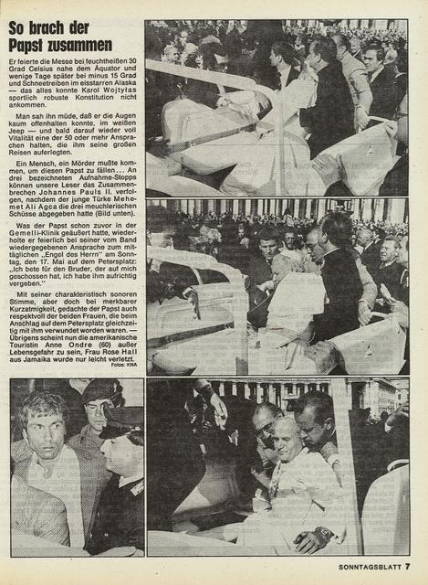 1981: Bangen um den Papst. In der Ausgabe vom 24. Mai dokumentiert das Sonntagsblatt die Schüsse auf Johannes Paul II. am Petersplatz.