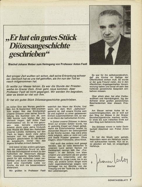 1983: Abschied von Prof. Anton Fastl. Der langjährige erste Schriftleiter des Sonntagsblatts (seit September 1945) verstirbt am 26. Juni.