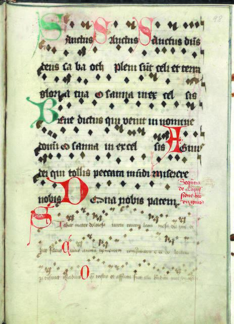 Beginn des „Stabat Mater“ aus einem Fragment aus der zweiten Hälfte des 14. Jahrhunderts (Auszug aus der Handschriftensammlung des Diözesanarchivs).