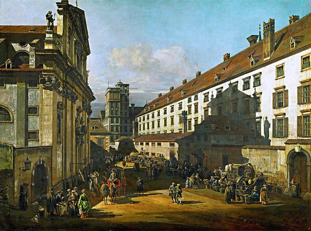 Der Mathematische Turm der Jesuiten; Blick entlang des alten Dominikanerplatzes, heute Postgasse, links die Dominikanerkirche; Bernardo Bellotto vlg. Canaletto, um 1760. | Foto: Public Domain/Gemeinfrei