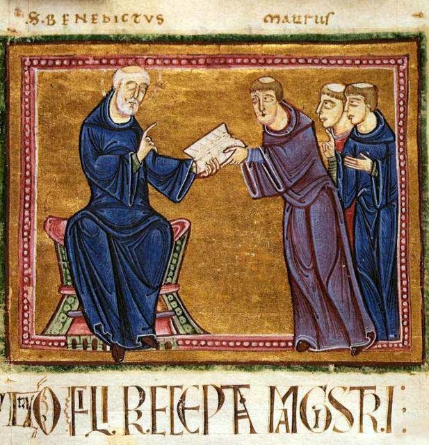 Benedikt von Nursia (um 480 - 547) hat die Regel vor beinahe 1500 Jahren verfasst. Eine Darstellung aus dem französischen Kloster St. Gilles in Nimes, wie Benedikt anderen Mönchen seine Regel übergibt.