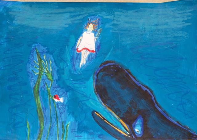 "Jona und der Wal" von Sebastian Binder(10), NMS Pöggstall. Gemalt für den Bibel-Malwettbewerb der Kirchenzeitung "Kirche bunt".