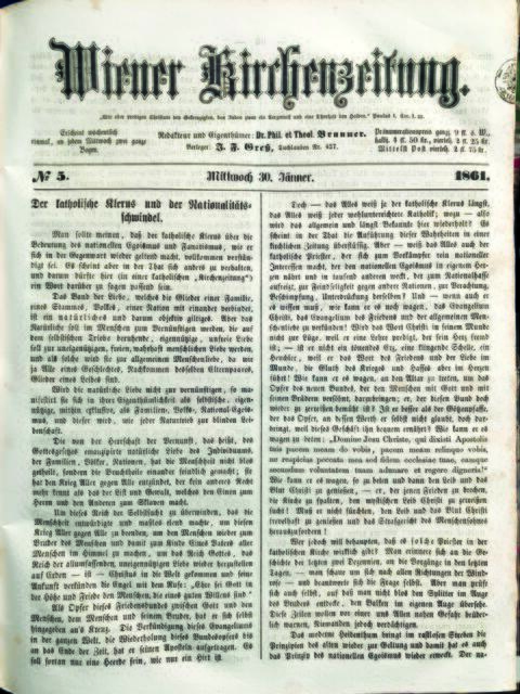 Das Cover der Wiener Kirchenzeitung vom 30. Jänner 1861. | Foto: Zeitungsarchiv
