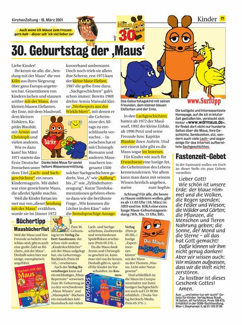 Mit dieser Kinderseite gratulierte die KirchenZeitung 2001 bereits der Maus und ihren Freunden zum 30. Geburtstag.