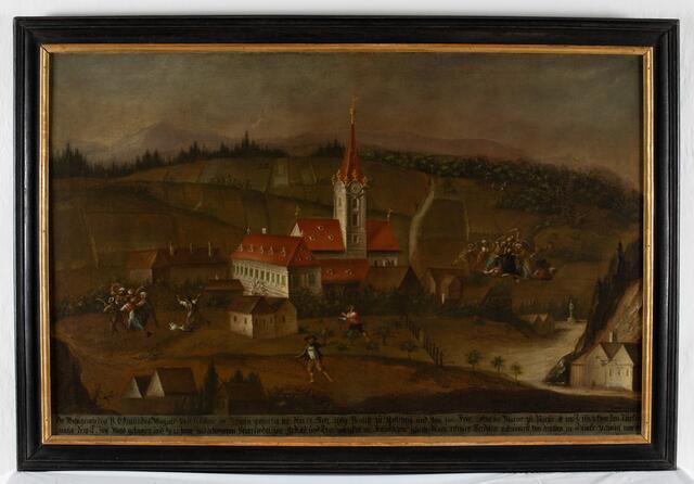 Das Bild zeigt Pyhra im Türkenjahr 1683 und die Ermordung P. Edumund Wagners. Das Werk ist eine Leihgabe für die Ausstellung von der Pfarre Pyhra.