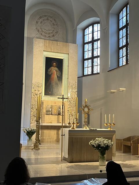 Vilnius. Das „Gnadenbild des Barmherzigen Jesus“ schmückt das „Heiligtum der Barmherzigkeit Gottes“. Es wurde 1934 nach den Visionen von Sr. Faustyna Kowalska gemalt.