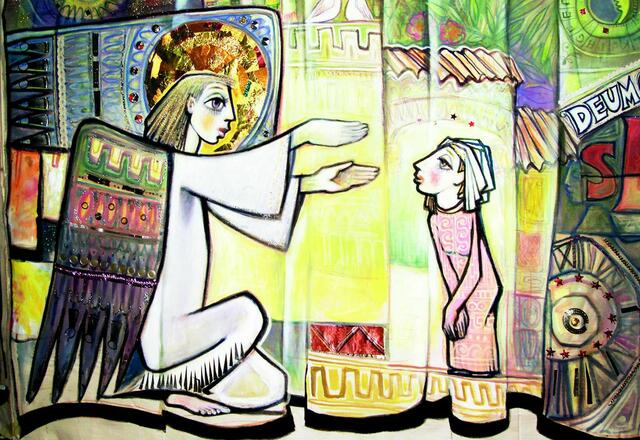 Der Engel Gabriel kündigt Maria die Geburt Jesus an. Auf diesem Bild sind die Falten des frei hängenden Tuches mit ihrem Schattenwurf am unteren Rand deutlich zu erkennen. Das 100 Meter lange Textil ist in 40 Szenen gegliedert.