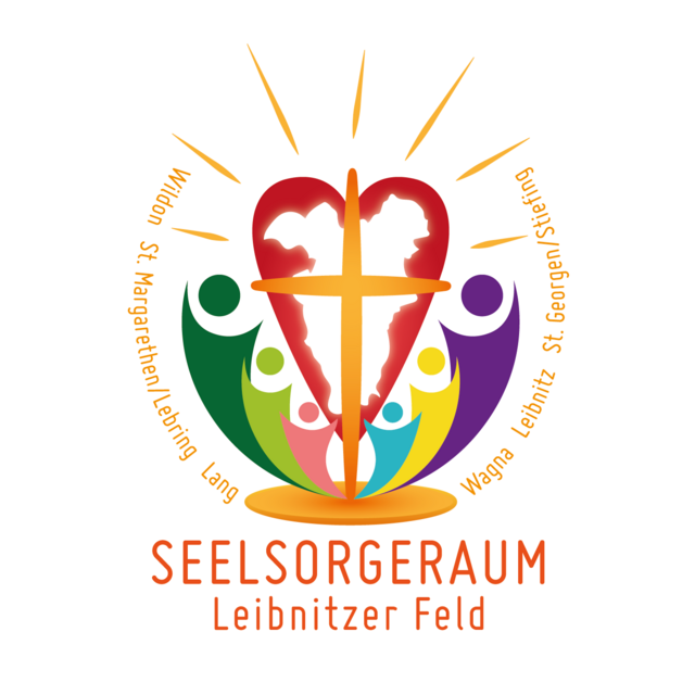 Logo: Wir schauen auf Christus, sein Licht strahlt in die Welt. Im Herz sieht man den Umriss des SR. Die farbigen Figuren, die um die Mitte versammelt sind, stehen für je eine Pfarre.