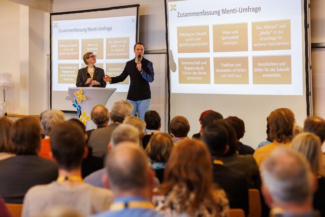 Mit Humor und Umsicht begleiteten Katrin Leinfellner von der diözesanen Kommunikation und Mathias Pascottini, Moderator und GAK-Stadionsprecher, die Teilnehmenden durch die ersten beiden Tage der Diözesankonferenz, die am 4. und 5. April ihren Abschluss findet.