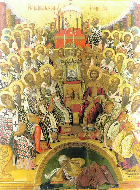 Kaiser Konstantin inmitten der Bischöfe in Nicäa; der zum Widersacher Gottes gestempelte Arius kauert im Dunkeln.
 | Foto: Franz Josef Rupprecht