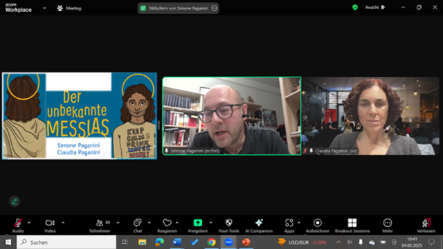 Das AutorInnen-Ehepaar Claudia (r.) und Simone (Mitte) Paganini fesselte die Teilnehmenden beim Online-Bibel-tag mit unerwarteten Blickwinkeln auf Jesus – gesammelt in ihrem Buch „Der unbekannte Messias“. | Foto: Screenshot