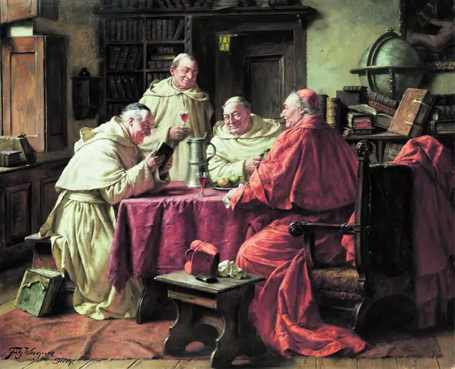 Humorvolle Gespräche in einer Klosterbibliothek. Gemälde von Fritz Wagner (1896-1939).  | Foto: commons.wikimedia