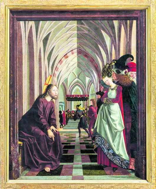 „Christus und die Ehebrecherin“ am Pacher-Altar der Pfarr- und Wallfahrtskirche St. Wolfgang im Salzkammergut. Michael Pacher, 1471–79, aufgestellt 1481. | Foto: https://de.m.wikipedia.org/wiki/Datei:St._Wolfgang_kath._Pfarrkirche_Pacher-Altar_Ehebrecherin_01.jpg / Urheber: Uoaei1