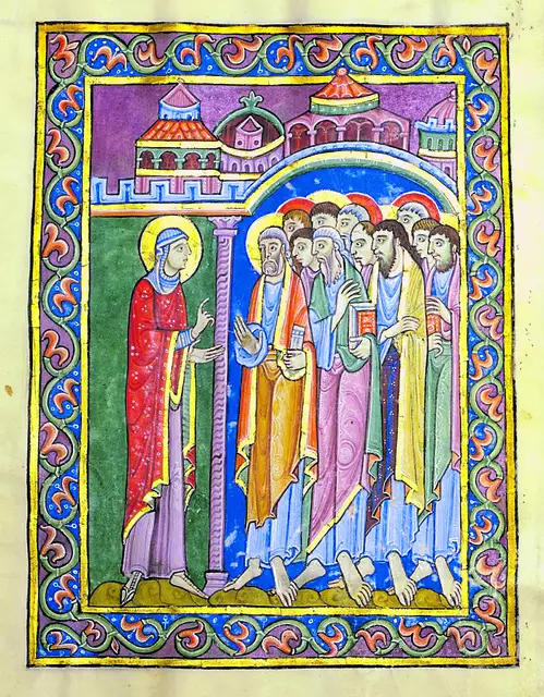 Ein seltenes Bild: Maria von Magdala berichtet den Jüngern von der Auferstehung Jesu. Ausschnitt aus einer Miniatur des Albani-Psalters. 
 | Foto: Wikimedia Commons