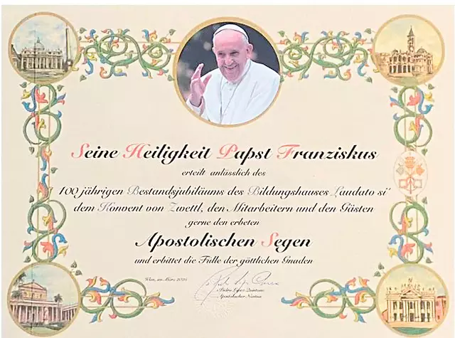 Das Stift Zwettl erinnert auf seiner Homepage an den Apostolischen Segen, den Papst Franziskus anlässlich des 100-Jahr-Jubiläums des Bildungshauses Laudato Si‘ erteilt hatte. | Foto: zVg