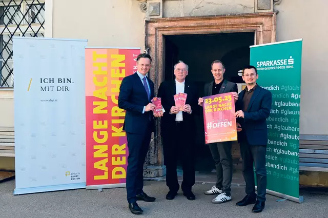 Stefan Schmuckenschlager, Landesdirektor NÖ der Wiener Städtischen Versicherung, Bischof Alois Schwarz, Florian Haiderer von der Sparkasse NÖ und Andreas Steinmetz (Diözese). 
 | Foto: Diözese