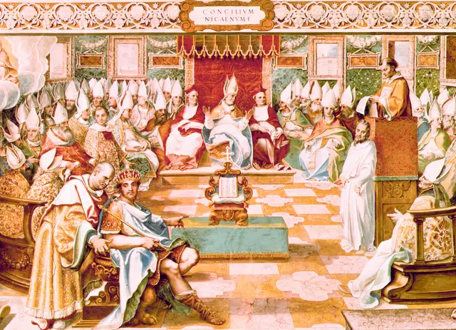 Gemälde von Cesare Nebbia (1536–1614). Dargestellt ist die Eröffnung des Konzils von Nicäa – Kaiser Konstantin eröffnet die Versammlung und deutet auf das in der Mitte aufgestellte Schriftstück, Symbol für die im Konzil erkannten Glaubenswahrheiten. | Foto: Wikimedia Commons