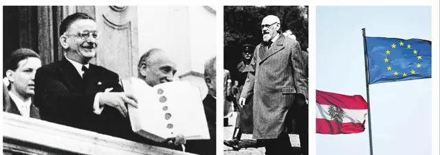 
Drei wichtige Ereignisse der österreichischen Zeitgeschichte haben 2025 einen runden Jahrestag: die Unterzeichnung des Staatsvertrags (links), die Gründung der Zweiten Republik durch Karl Renner (Mitte) und der EU-Beitritt Österreichs. 
 | Foto: Votava/brandstaetter images/APA (2), Roland Schlager/APA