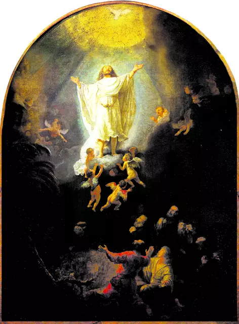 Auf dem Gemälde "Die Himmelfahrt" von Rembrandt van Rijn (1606-1669), das in der Pinakothek in München zu sehen ist, wird Christus von einer Wolke aufgenommen. | Foto: Wikimedia Commons