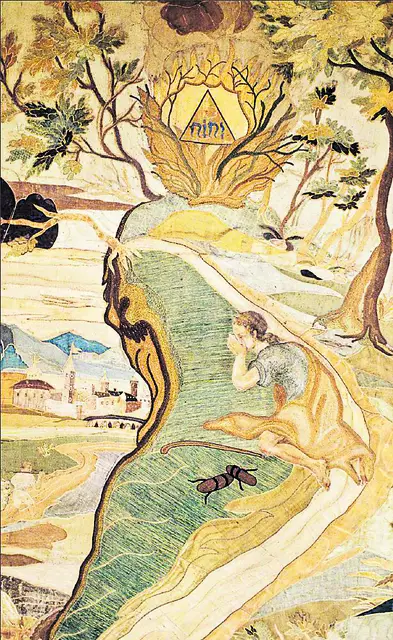  Gott offenbart dem Mose seinen Namen aus dem brennenden Dornbusch heraus und gibt so sein innerstes Wesen zu erkennen. Mose zieht die Sandalen aus, verhüllt sein Angesicht und wirft sich zu Boden. Bei der Darstellung handelt es sich um ein Webbild aus den Beständen des Museum am Dom St. Pölten. | Foto: Archiv