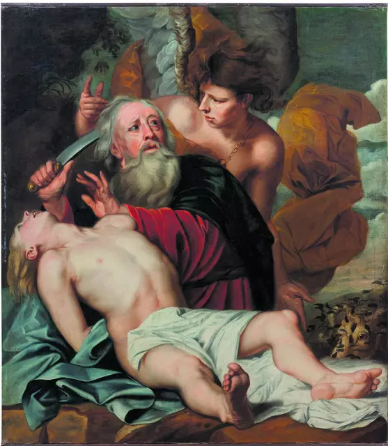 Abraham ist dabei, seinen Sohn Isaak auf Geheiß Gottes zu opfern, bevor er von einem Engel davon abgehalten wird. Gemälde von Pieter Thijs.  | Foto: Wikimedia Commons.
