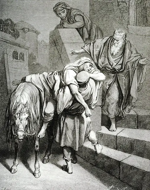 Die Geschichte des barmherzigen Samariters hat Gustave Doré, ein Künstler des 19. Jahrhunderts, auf berührende Weise dargestellt. Darauf lässt sich der von Räubern Misshandelte in die Arme seines Retters fallen, der ihn auffängt und in die Herberge bringt. Jesus fügt dieser Auslegung des Doppelgebots der Gottes- und Nächstenliebe hinzu: „Geh und handle du genauso!“ 
 | Foto:  Public Domain