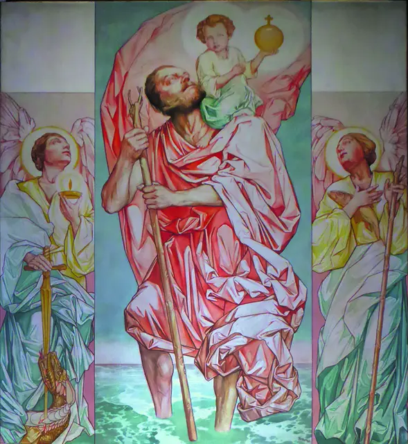 Wandfresko von Franz Pitza in der Pfarrkirche Sigmundsherberg. Die Kirche ist dem Patrozinium des hl. Christophorus unterstellt.  | Foto: Archiv