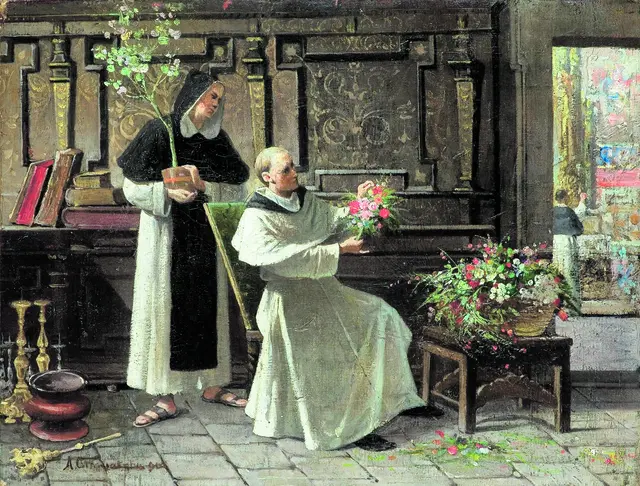 Ölgemälde von Antoni Gramatyka (1841–1922): Zwei Mönche bereiten Kräuterbuschen für das Fest Mariä Himmelfahrt vor.  | Foto: Wikimedia Commons