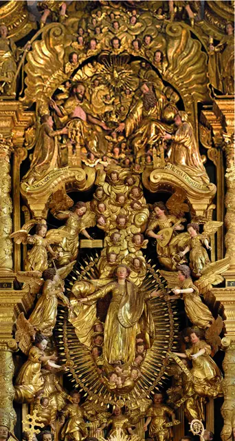 Lichtstrahlen und Rosenblüten umkränzen Maria, während sie von jubilierenden Engeln in den Himmel begleitet wird. So zeigt es der barocke Hochaltar (geschaffen 1632 von Michael Hönel) des Gurker Domes, der der Himmelfahrt Marias geweiht ist. | Foto: Archiv