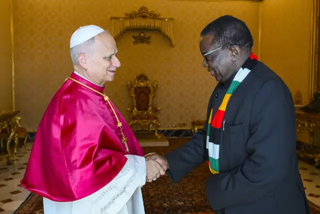 Bildung, Gesundheit und die Zusammenarbeit von Staat und Ortskirche waren einige der Gesprächsthemen zwischen Papst Leo XIV. und dem Staatschef von Simbabwe. | Foto: KNA