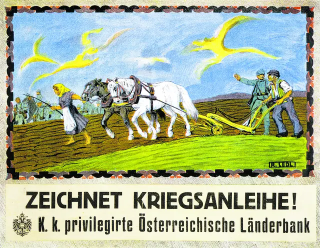 Ein Soldat im Gespräch mit einem Landwirten. Die Botschaft des Posters von 1918: „Zeichnet Kriegsanleihen!“  | Foto: Alamy