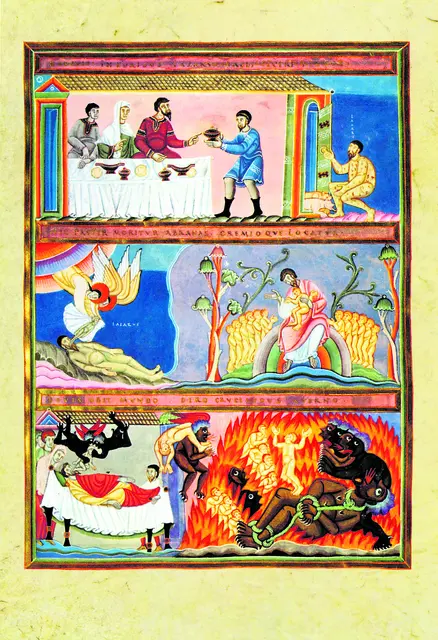 Der Meister des „Goldenen Codex“ in Echternach stellt die Lazarus-Geschichte wie in einem Comic in drei aufeinanderfolgenden Szenen dar: Lazarus vor der Tür des Reichen – Lazarus stirbt, Engel tragen seine Seele in den Schoß Abrahams – der Tod des reichen Mannes und seine absolute Verdammnis. | Foto: The Yorck Project (2002) / gemeinfrei