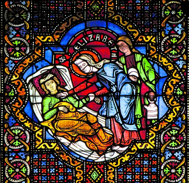 „Elisabeth pflegt Kranke“; Elisabethfenster (vor 1250) in der Elisabethkirche in Marburg. | Foto: Heinrich Stürzl / Wikimedia Commons