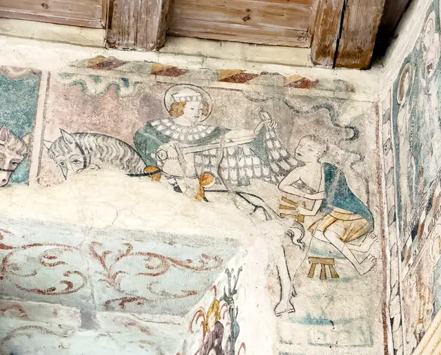 Der hl. Martin von Tours teilt seinen Mantel mit einem Bettler. Martinskapelle in der Oberstadt von Bregenz, Fresko 14. oder Beginn 15. Jahrhundert. | Foto: kathbild.at / Franz Josef Rupprecht