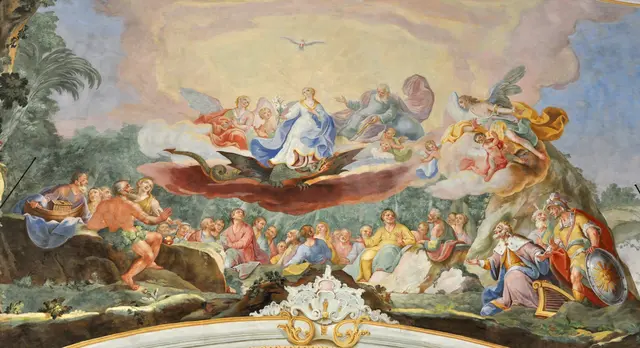 Auf einer Wolke senkt sich Maria – von Gott begnadet und über dunkle Mächte erhaben – auf die Erde herab. Deckenfresko in der Basilika Weizberg von Joseph Ritter von Mölk (1771).  | Foto: Jokesch