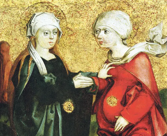 Zwei schwangere Frauen und zwei ungeborene Kinder: Maria besucht Elisabeth.
 | Foto: KNA/ Maria Heimsuchung, Alpenländisch, um 1510/20, Diözesanmuseum Rottenburg-Stuttgart