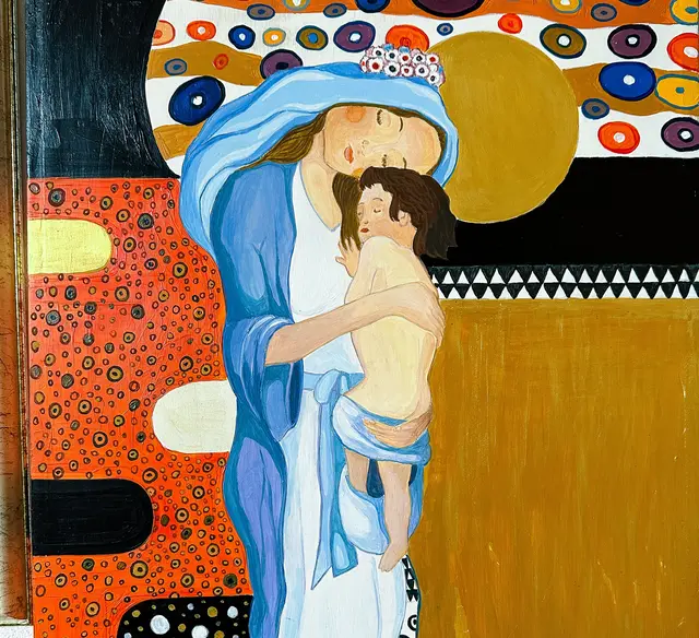 Die Jungfrau und Gottsmutter Maria mit dem Jesukind, gemalt nach der Art des Jugendstilkünstlers Gustav Klimt. Votivtafel in Maria Weißenstein, Kloster und Wallfahrtsort in Südtirol. | Foto: Franz Josef Rupprecht