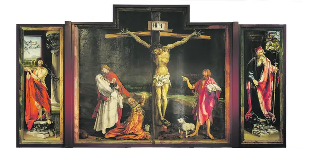 Johannes verweist mit dem langen Finger auf den Gekreuzigten.
Isenheimer Altar von Matthias Grünewald – Wikimedia  | Foto: Commons/Arnoldius/gemeinfrei