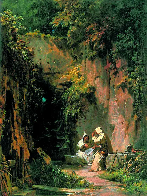 Carl Spitzweg (1808-1885): „Disputierende Mönche“. Einer der Mönche macht eine sehr eindeutige Geste.  | Foto: Wikimedia Commons / Museum Georg Schäfer