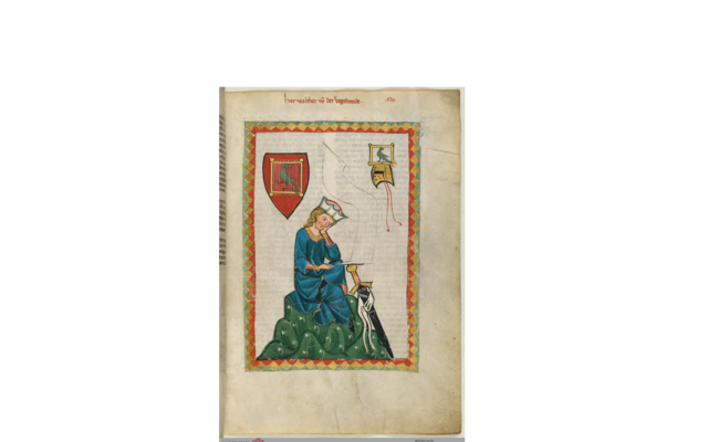 Die Heidelberger Bibliotheca Palatina beinhaltet Kulturschätze wie die Große Heidelberger Liederhandschrift („Codex Manesse“) aus dem 14. Jahrhundert (Bild: Illustration des Minnedichters Walther von der Vogelweide). Auch die kürzlich von der Vatikan-Bibliothek erworbene Handschrift war ursprünglich im Bestand der pfälzischen Bibliothek. | Foto: digi.ub.uni-heidelberg.de/diglit/cpg848/0243