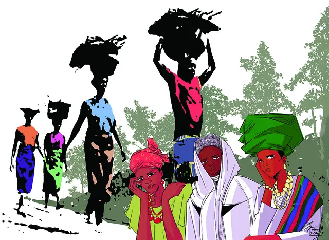 Ruhe für die Erschöpften“ – Die nigerianische Künstlerin Gift Amarachi Ottah zeigt in ihrem Werk die Belastungen und die Vielfalt der Frauen in Nigeria. Das Bild ist das offizielle Titelmotiv des Weltgebetstags 2026. | Foto: Weltgebetstag der Frauen