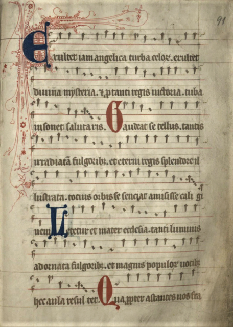 Anfang des "Exultet" im "Epistolarium et Evangeliarium" der Jakobikirche von 1386, heute Stadtbibliothek Lübeck. | Foto: Stadtbibliothek Lübeck / Wikimedia Commons