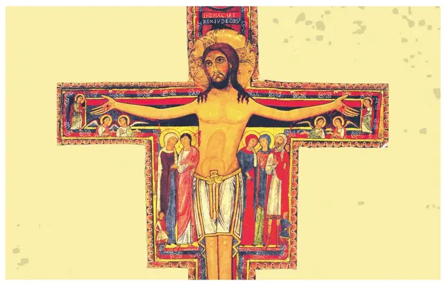 Das zwei Meter hohe Franziskuskreuz, das Kreuz von San Damiano, um das Jahr 1205, wahrscheinlich von einem syrischen Mönch angefertigt, ist eine Kreuzikone bzw. ein Tafelkreuz, zeigt den Gekreuzigten und Erhöhten und hängt in der Basilika di Santa Chiara in Assisi. | Foto: Wikimedia Commons, „Kruis San Damiano“ (Public Domain)