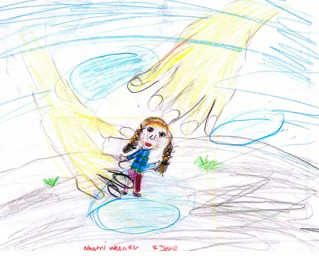 Die siebenjährige Naemi Wannder hat gezeichnet, wie sie sich Gott vorstellt. Gott hat zwei große Hände, die sie halten und schützen. | Foto: epd-bild.de / Judith Kubitscheck