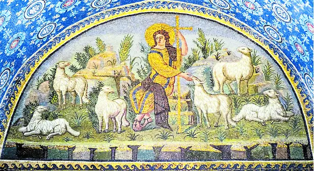 Die ältesten Darstellungen zeigen Jesus nicht als Gekreuzigten, sondern als guten Hirten, der für die ihm Anvertrauten sorgt, wie auf diesem Fresko im Mausoleum der Kaisertochter Galla Placidia in Ravenna (um 450). 
 | Foto: Von Feldstein – Eigenes Werk, CC BY-SA 4.0, File: Mausoleum der Galla Placidia,  Ravenna, Italien.JPG - Wikimedia Commons