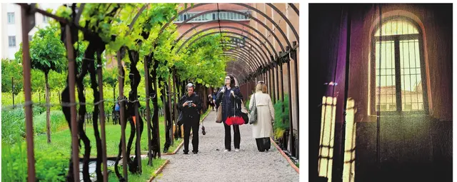 Der Garten – der Pavillon des Heiligen Stuhls legt mystische Dimensionen offen und ist von Hildegard von Bingen inspiriert. Rechts: In der Kirche Santa Maria Ausiliatrice widmet sich der vatikanische Pavillon der Kirche als Ort des Lesens, Sammelns und der Wissensweitergabe. | Foto: APA-Images / AP / Luca Bruno, H. Gurtner