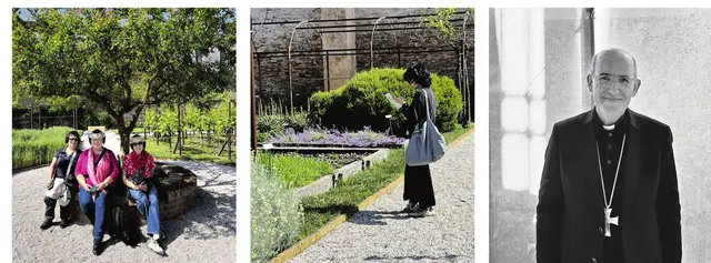 Hörstationen im Klostergarten der Unbeschuhten Karmeliten. Rechts: Präfekt José Tolentino Kardinal Calaça de Mendonça auf Besuch in Venedig.  | Foto: Gurtner (3)