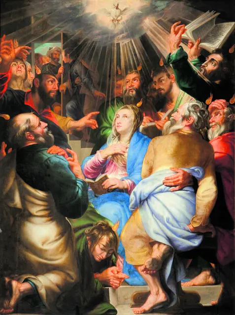 Ausschnitt aus dem Gemälde „Pfingsten“ des flämischen Barockmalers Matthys Voet. Das Bild ist Teil eines Zykluses von 15 monumentalen Gemälden, die – von verschiedenen Malern um 1616 geschaffen – die Geheimisse des Rosenkranzes in der Sint-Pauluskerk in Antwerpen darstellen. | Foto: Wikimedia Commons